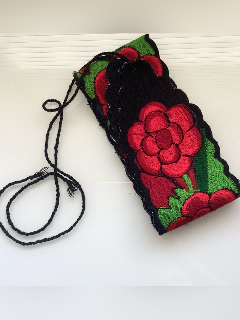 Mexico Artisans Hand-Embroidered Floral Belt in Black and Red